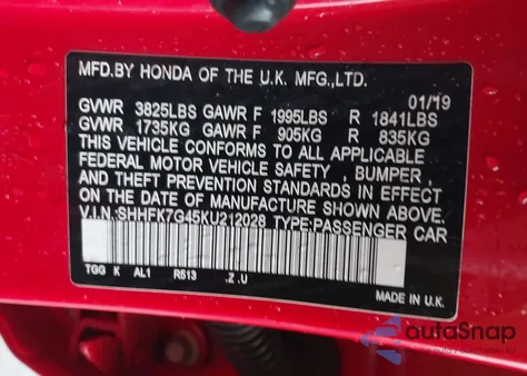 2019 Honda Civic Sport z USA, uszkodzony, nr VIN SHHFK7G45KU212028